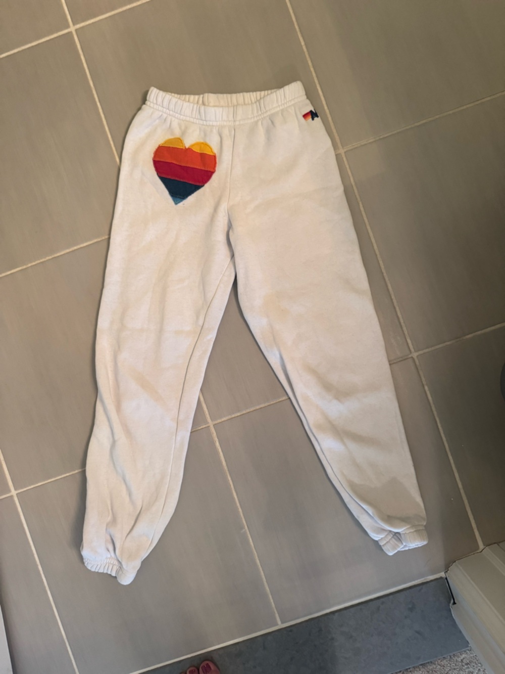 Aviator Nation Kids White Jogger Pants with Heart Rainbow Patch